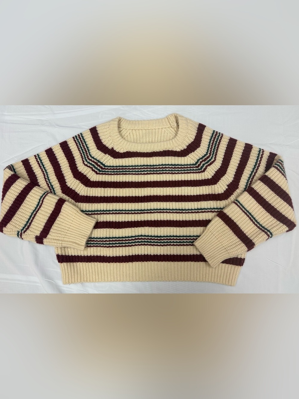 Cider Cream Cropped Sweater with Burgundy & Forest Green Stripes